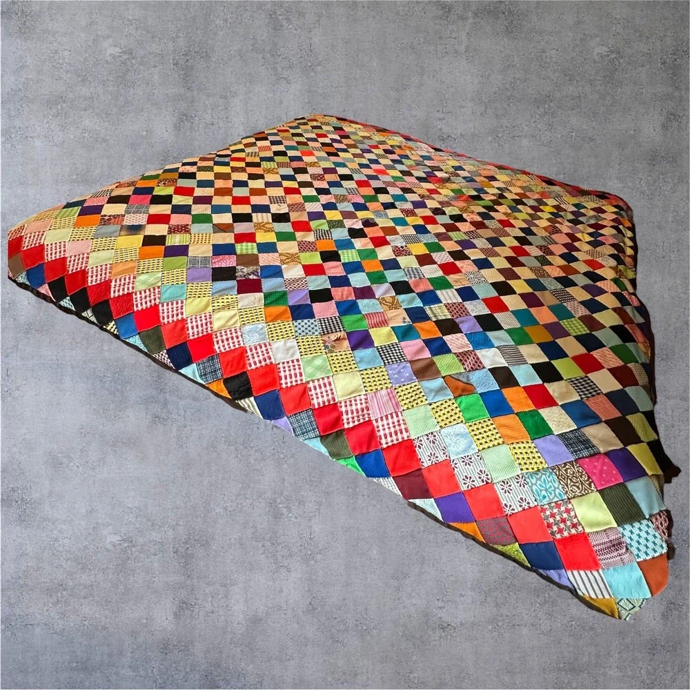Vintage Unfinished Patchwork Quilt Top 82x80 Multi Color Hand Stitched Square